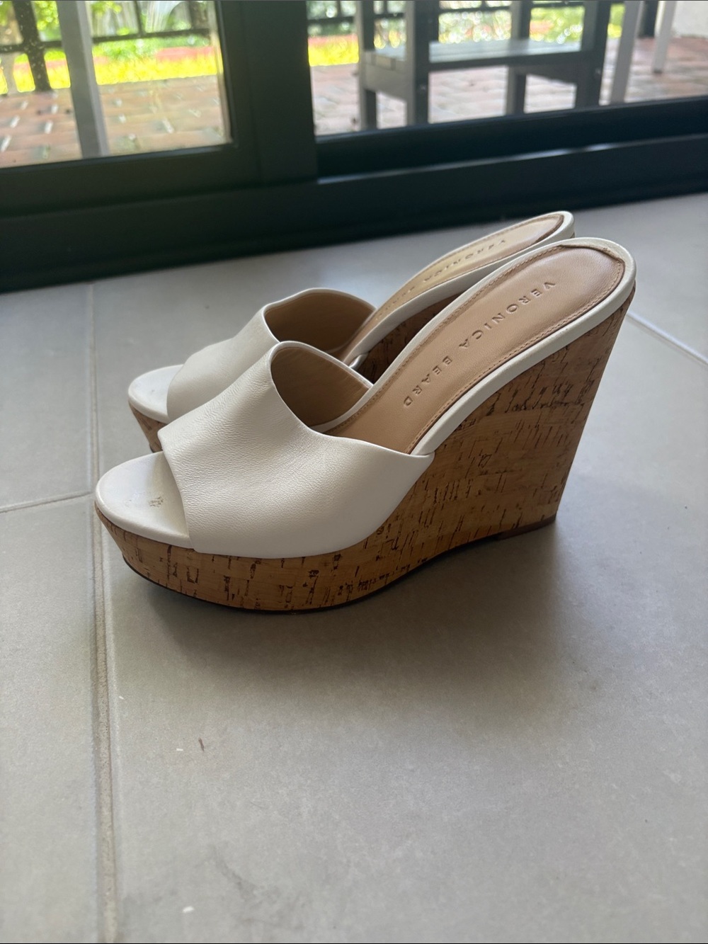 Veronica Beard Cream Leather Cork Wedge Sandals